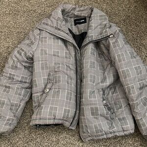 Fashion Nova Gray Plaid Puffer Jacket